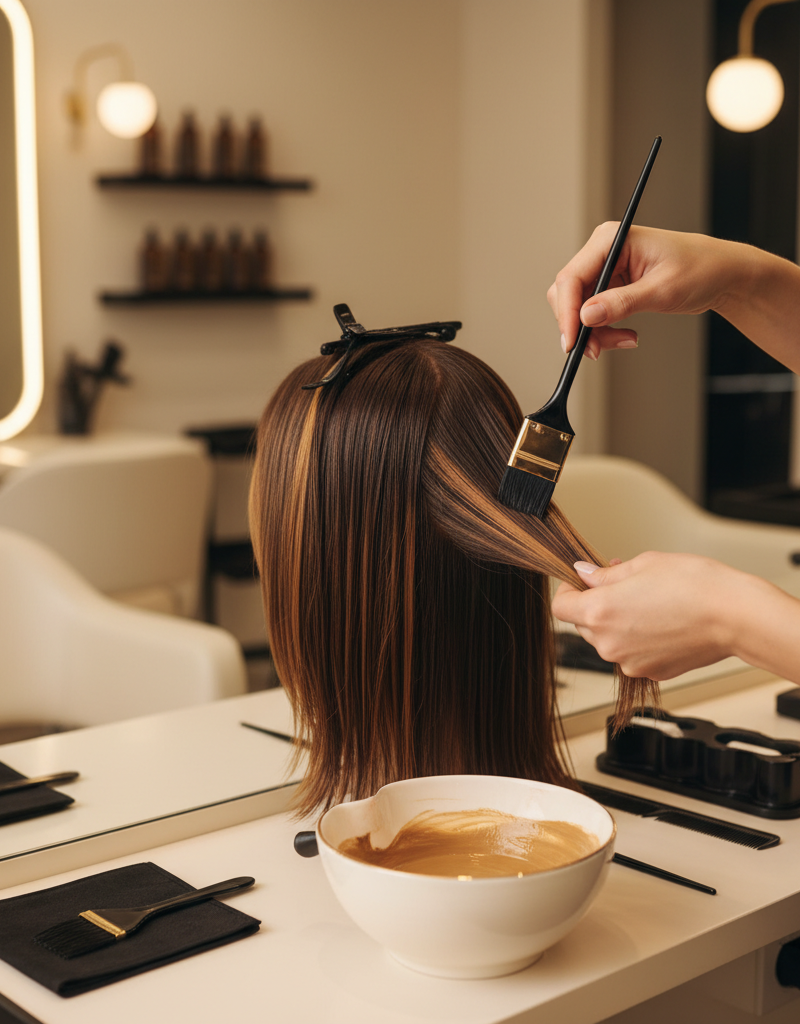 Colorista profesional aplicando capas tonales con pincel fino sobre cabello castano en salon moderno