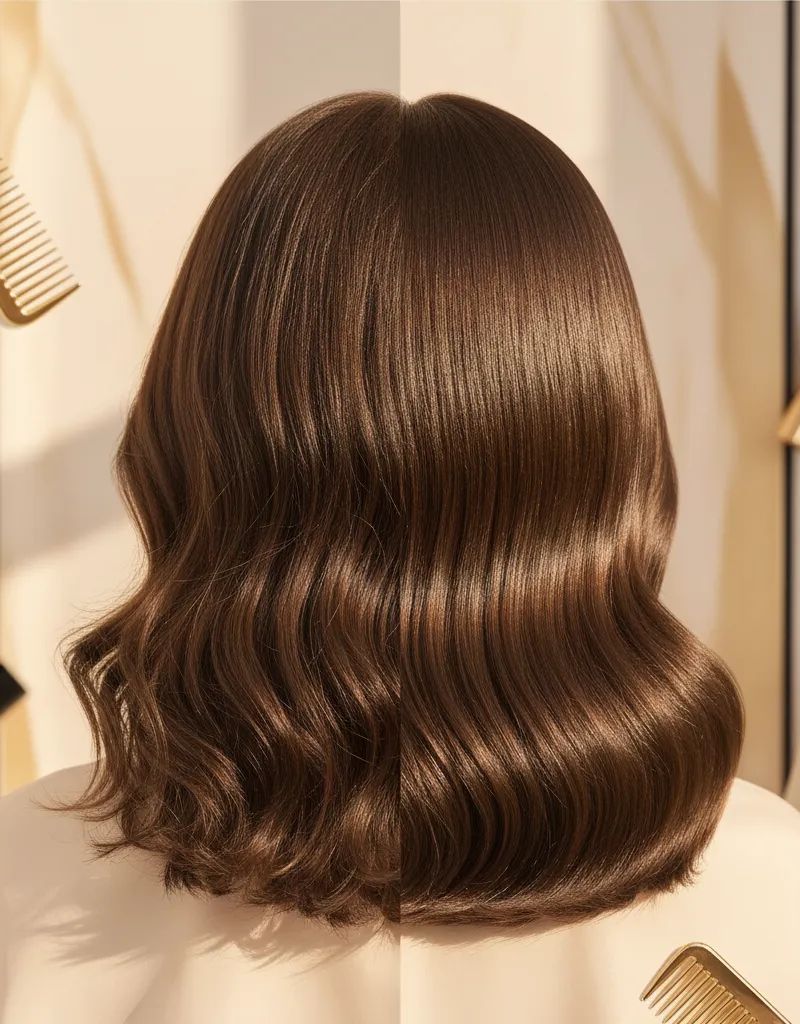 Before and after hair gloss treatment showing shine difference