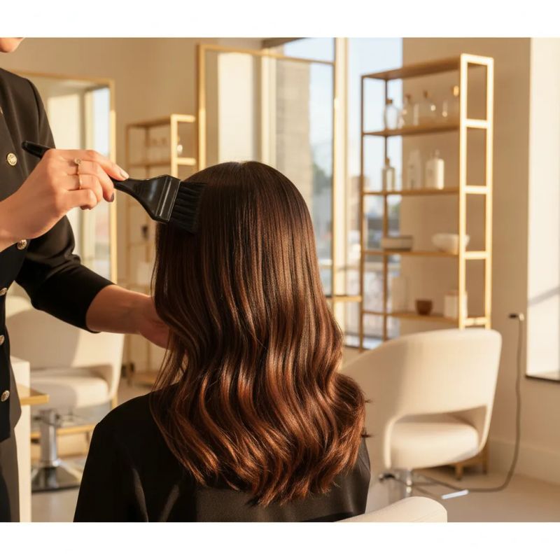 Aplicación de gloss capilar profesional en salón con resultado brillante