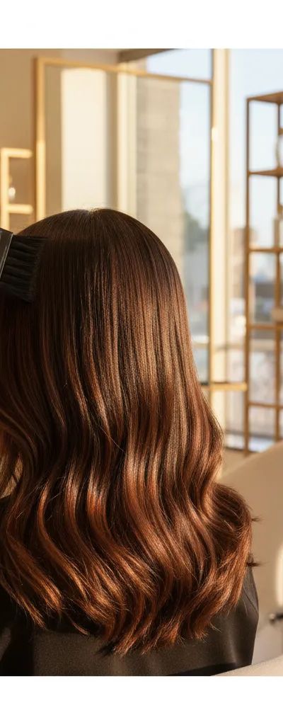 Aplicación de gloss capilar profesional en salón con resultado brillante