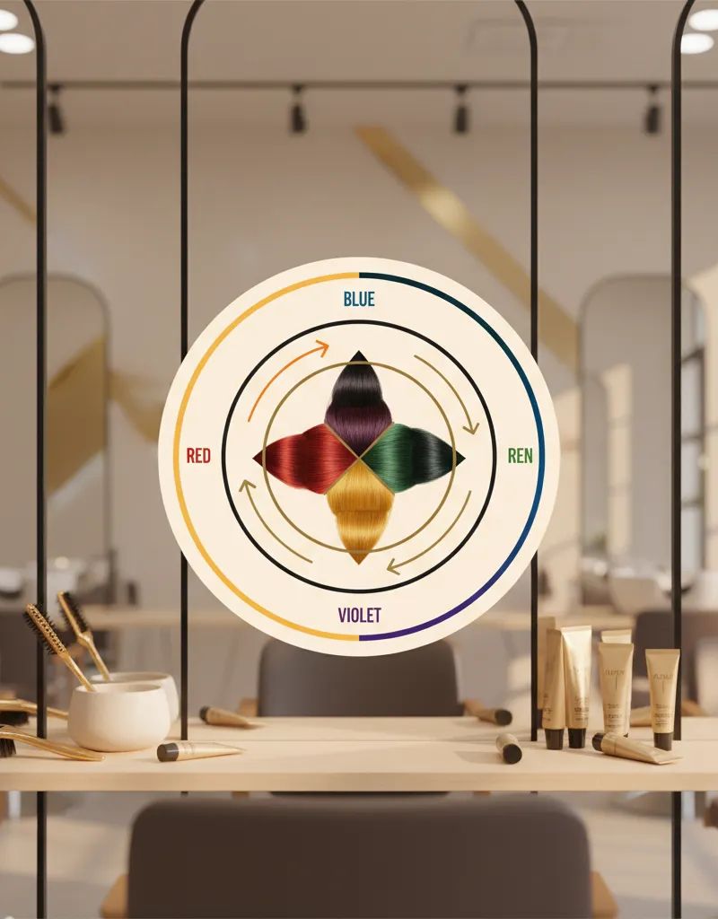 Rueda cromatica capilar con flechas de neutralizacion mostrando colores complementarios