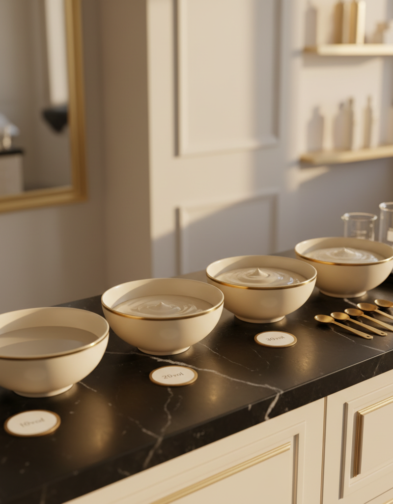 Cuatro boles de mezcla mostrando los diferentes volumenes de oxidante: 10vol, 20vol, 30vol y 40vol