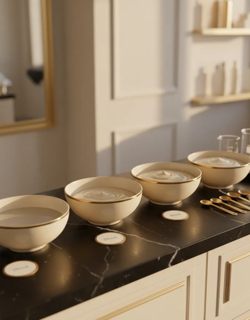 Cuatro boles de mezcla mostrando los diferentes volumenes de oxidante: 10vol, 20vol, 30vol y 40vol