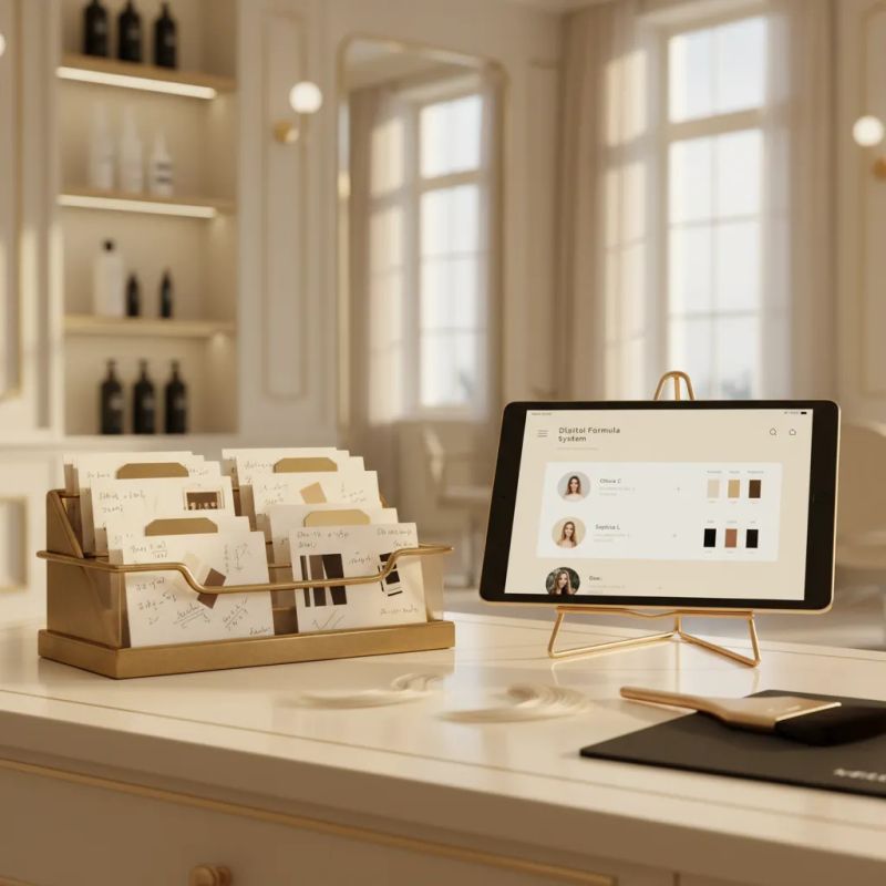 Fichas de formulas de coloracion organizadas junto a tablet con sistema digital de gestion