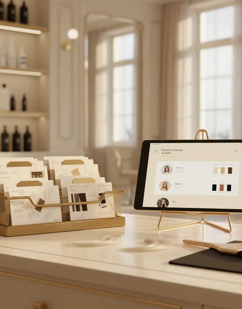 Fichas de formulas de coloracion organizadas junto a tablet con sistema digital de gestion