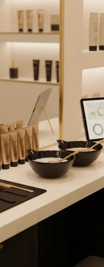 Salon de coloracion profesional moderno con estacion de trabajo y productos organizados