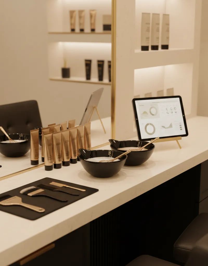 Salon de coloracion profesional moderno con estacion de trabajo y productos organizados