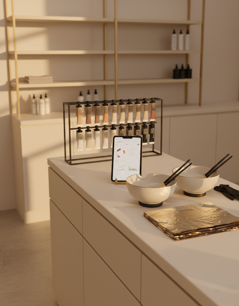 Estacion de color profesional organizada con productos y herramientas en salon de quiet luxury