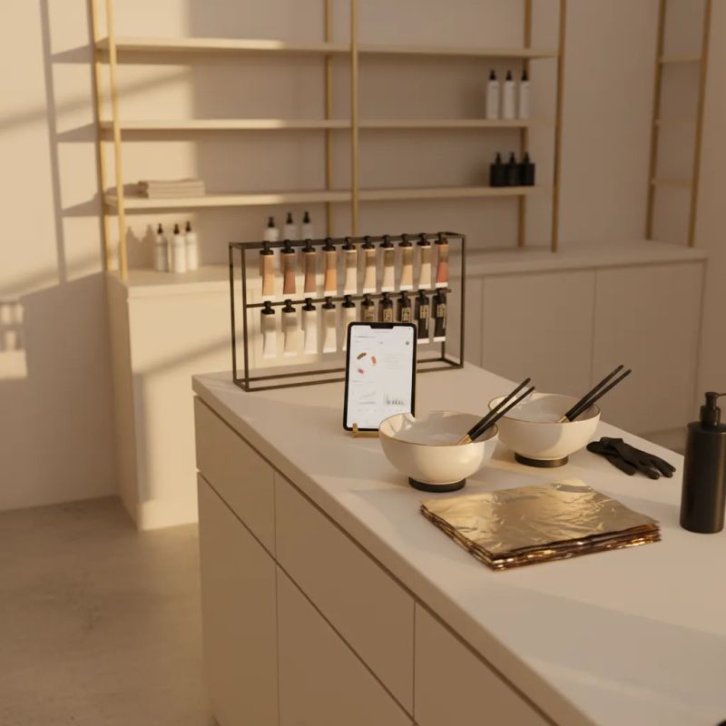 Estacion de color profesional organizada con productos y herramientas en salon de quiet luxury