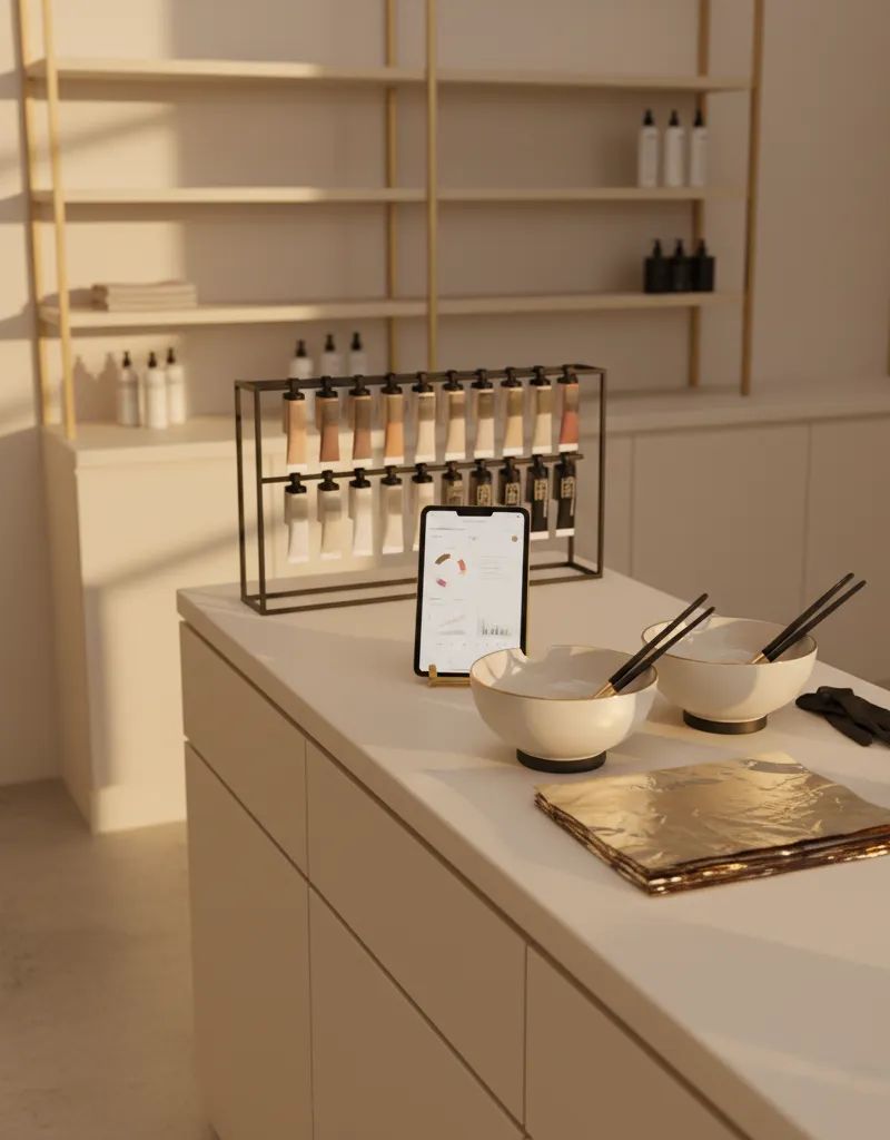 Estacion de color profesional organizada con productos y herramientas en salon de quiet luxury