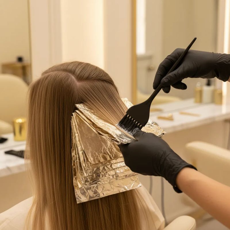 Aplicação de mechas com papel-alumínio mostrando a técnica de colocação e saturação