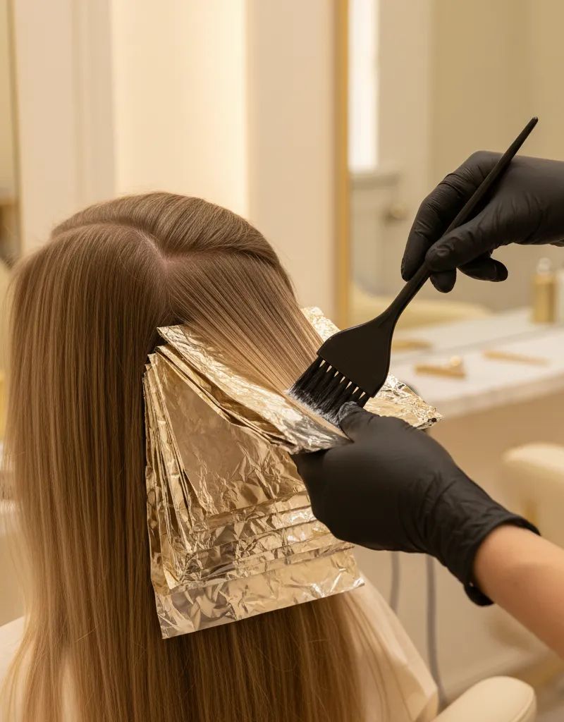 Aplicacion de mechas con papel de aluminio mostrando la tecnica de colocacion y saturacion