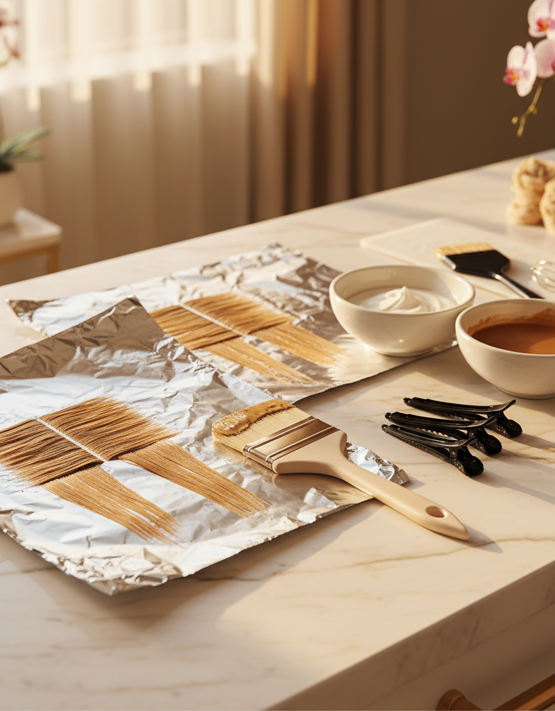 Colorista profesional aplicando técnica de balayage con pincel en salón moderno