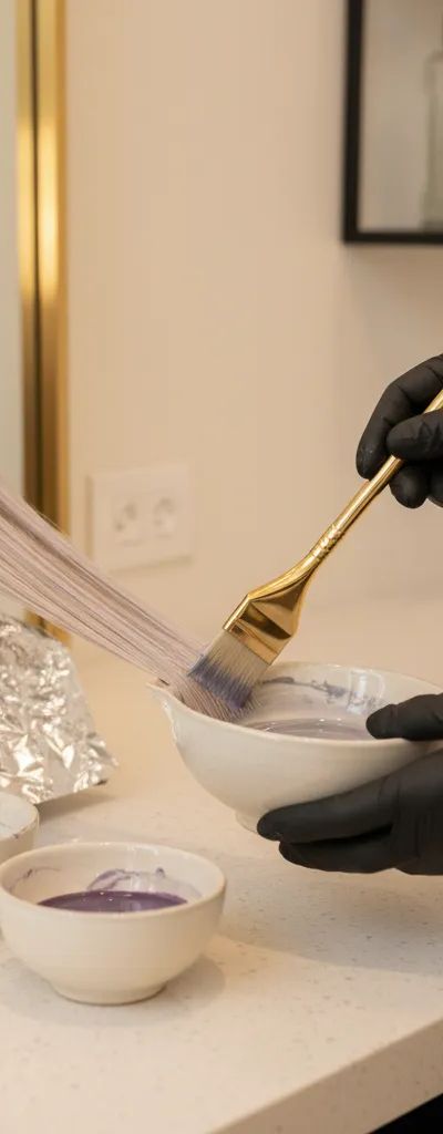 Colorista profesional aplicando toner sobre cabello rubio decolorado en un salón, con bols de mezcla y productos de tonalización sobre la mesa de trabajo