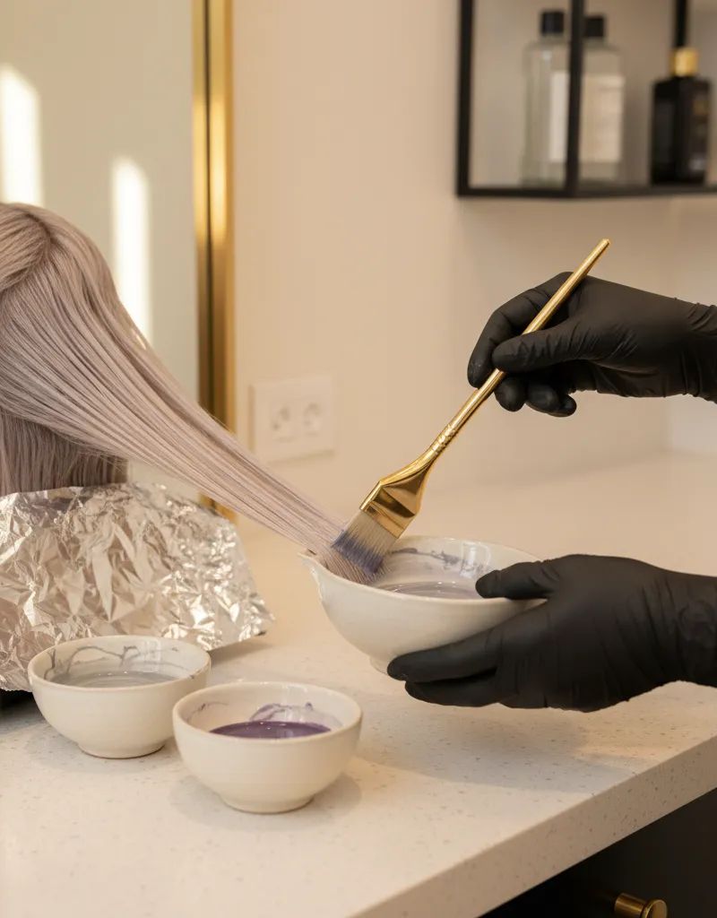 Colorista profesional aplicando toner sobre cabello rubio decolorado en un salón, con bols de mezcla y productos de tonalización sobre la mesa de trabajo