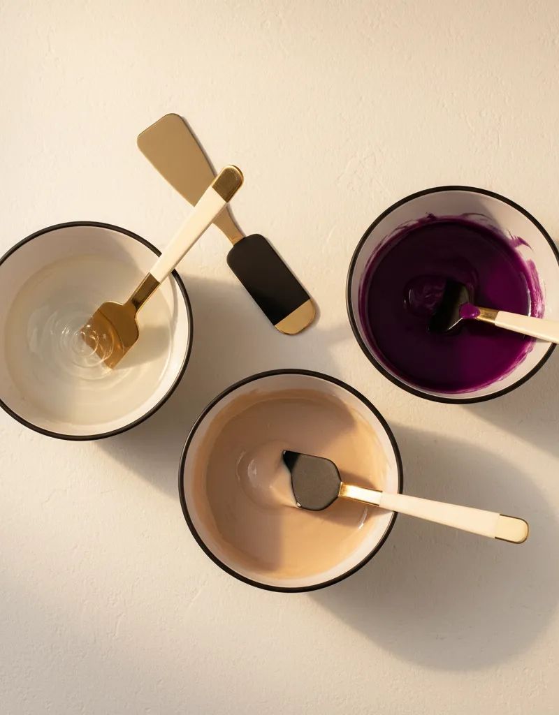 Comparativa de tres tipos de toner capilar profesional: gloss transparente, demi-permanente cremoso y pigmento directo en bols de mezcla sobre superficie de salón