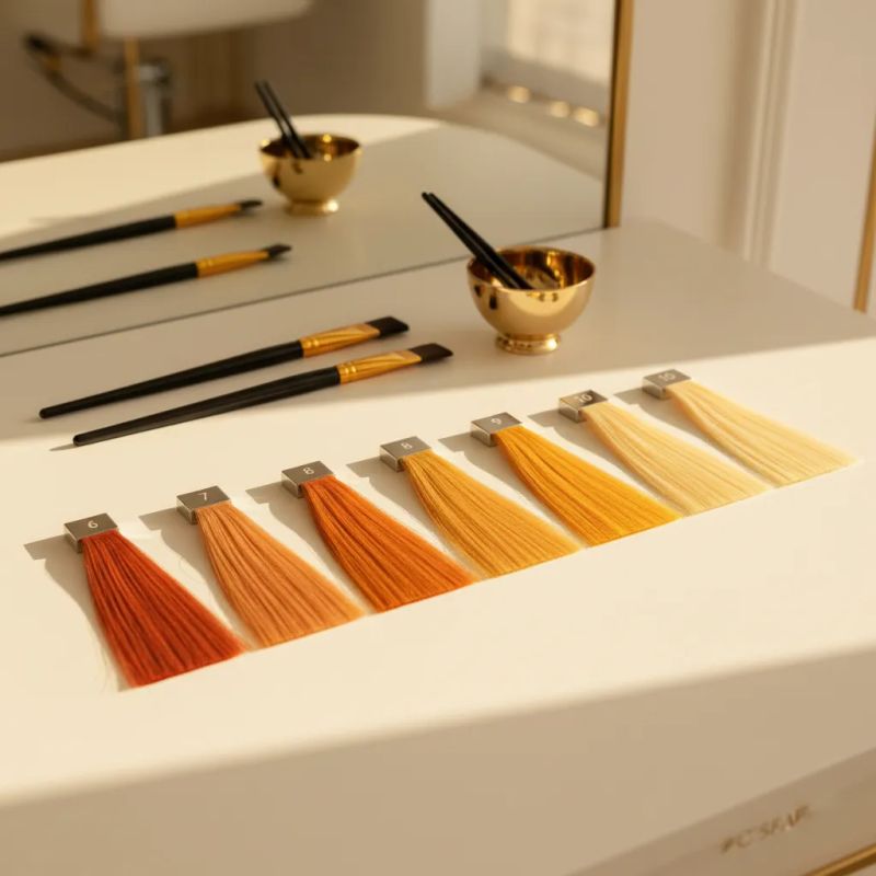 Mechas de cabelo nas alturas de tom 6 a 10 mostrando o gradiente de pigmentos subjacentes, do laranja ao amarelo pálido, sobre superfície neutra ao lado de referência de teoria da cor