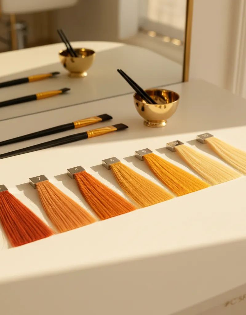 Mechas de cabello en niveles 6 a 10 mostrando el gradiente de pigmentos subyacentes, desde naranja hasta amarillo pálido, sobre superficie neutra junto a referencia de teoría del color