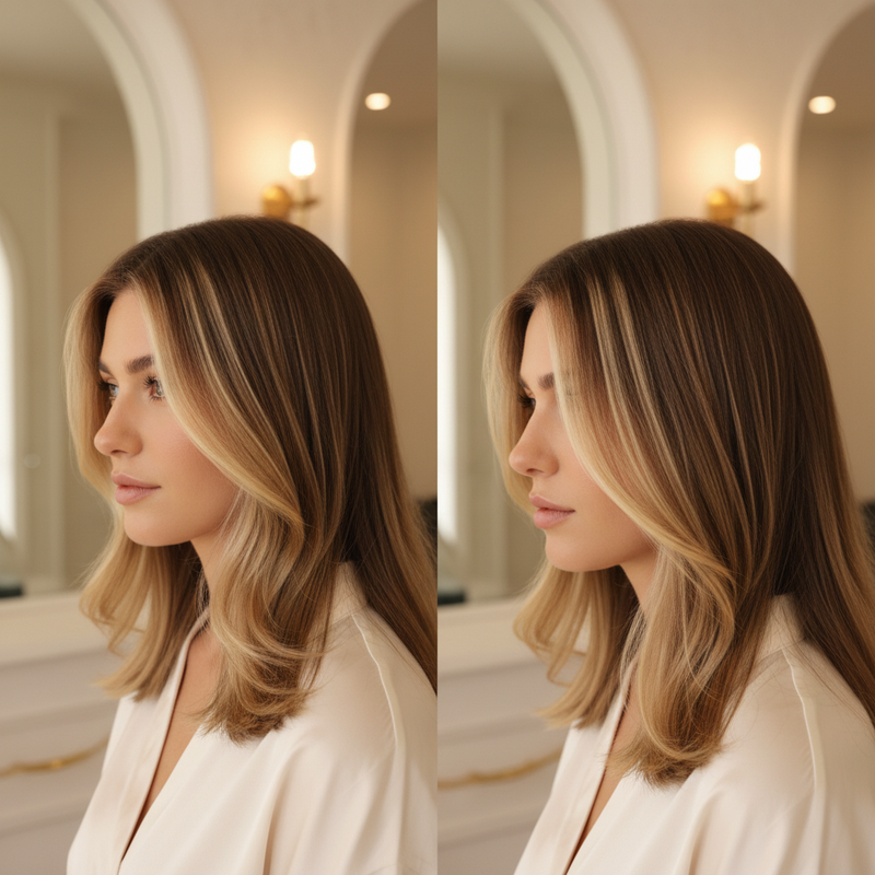 Comparação entre halo highlights sutis e money piece contrastado em cabelo castanho
