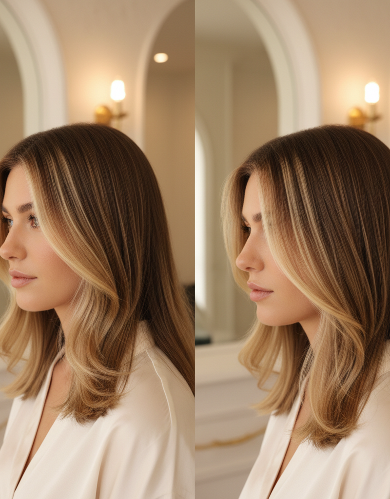 Comparación entre halo highlights sutiles y money piece contrastado en cabello castaño
