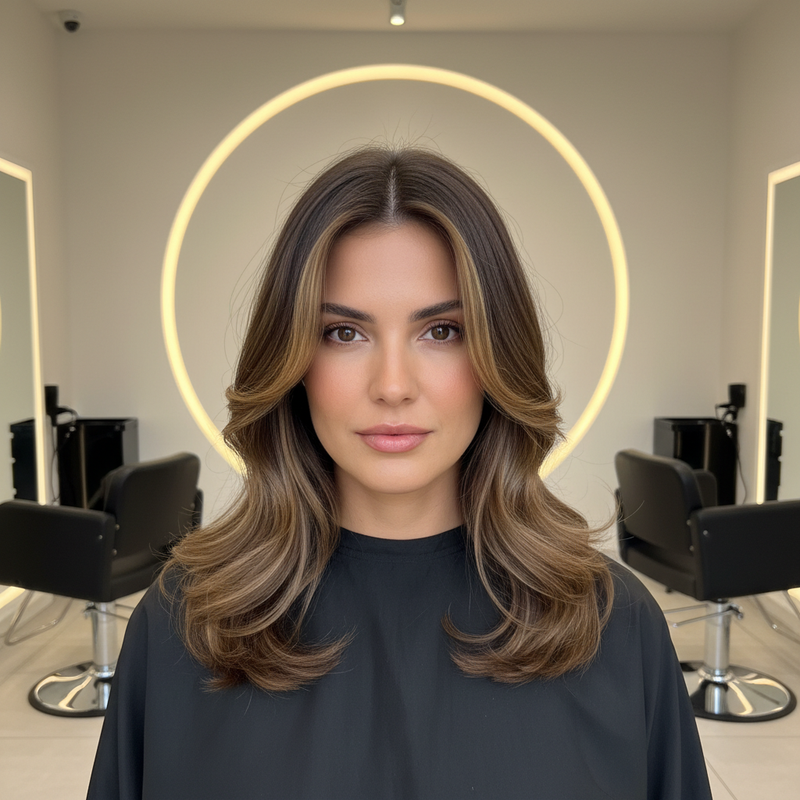 Resultado final de halo highlights em cabelo castanho com efeito de luz natural emoldurando o rosto