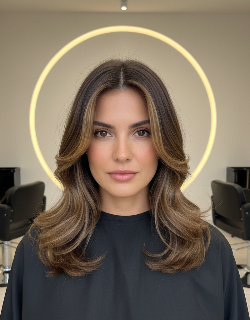 Resultado final de halo highlights en cabello castaño con efecto de luz natural enmarcando el rostro