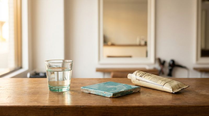 Glass of water, turquoise pool tile with mineral deposits, and vintage bleach tube on wooden salon counter — the three sources of copper that can cause green tones in bleached hair