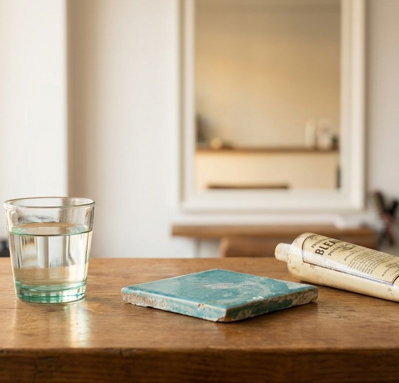 Glass of water, turquoise pool tile with mineral deposits, and vintage bleach tube on wooden salon counter — the three sources of copper that can cause green tones in bleached hair