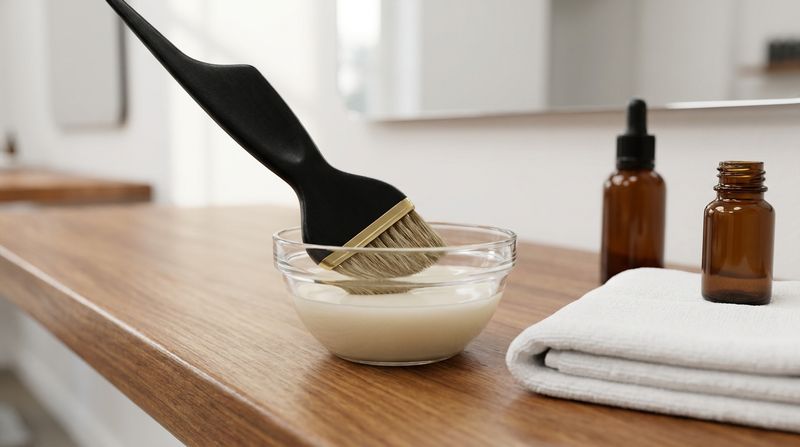 Professional applicator brush resting in a glass bowl containing cream chelating treatment on a warm wooden salon counter, alongside a white folded towel and an amber-tinted pre-treatment bottle
