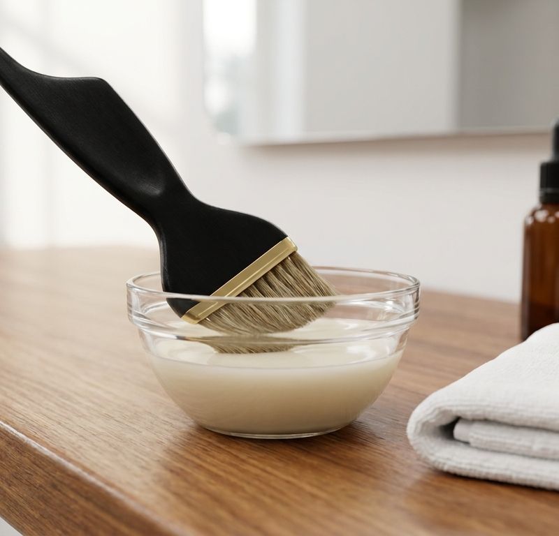 Professional applicator brush resting in a glass bowl containing cream chelating treatment on a warm wooden salon counter, alongside a white folded towel and an amber-tinted pre-treatment bottle