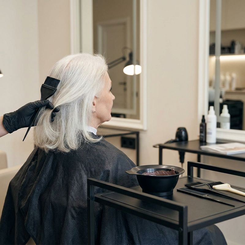 Client with almost entirely white hair seen in profile while the colorist lifts a fine section at the root with the tail of a tint brush