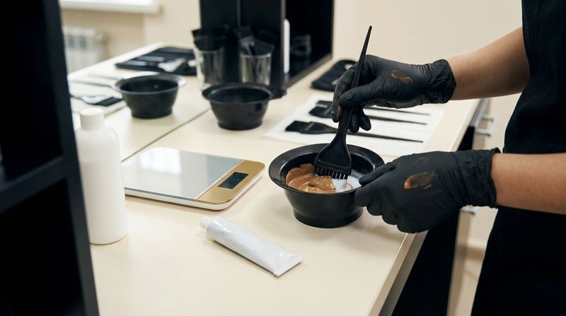 Gloved hands mixing a brown color cream with developer in a black bowl, with an empty tube, the developer bottle and a scale beside it