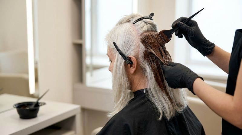 Colorist in black gloves brushing brown color cream onto the white roots of an older client, hair divided into sections with clips