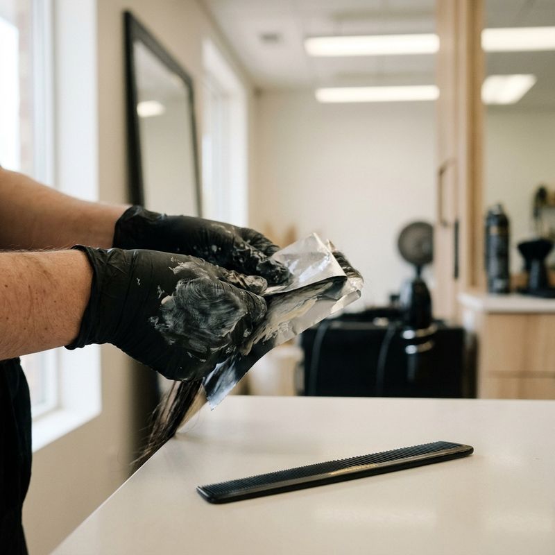 Manos enguantadas de un colorista aplicando el superaclarante en una sección envuelta en papel de aluminio, con un peine de cola sobre la mesa del salón