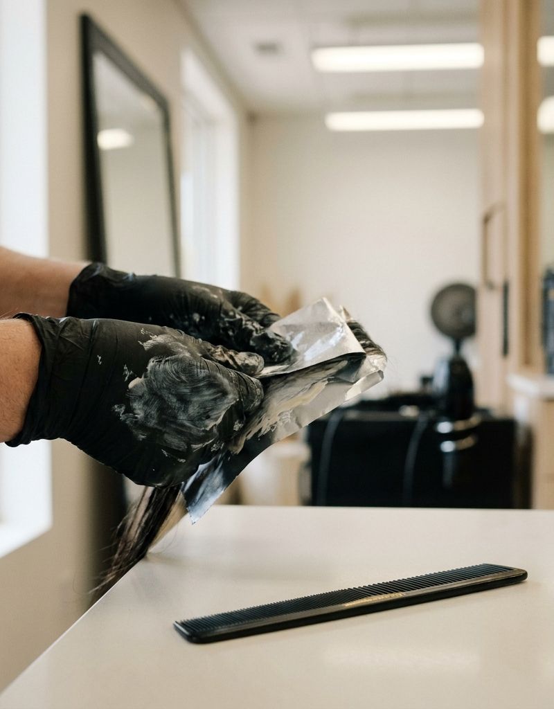 Manos enguantadas de un colorista aplicando el superaclarante en una sección envuelta en papel de aluminio, con un peine de cola sobre la mesa del salón