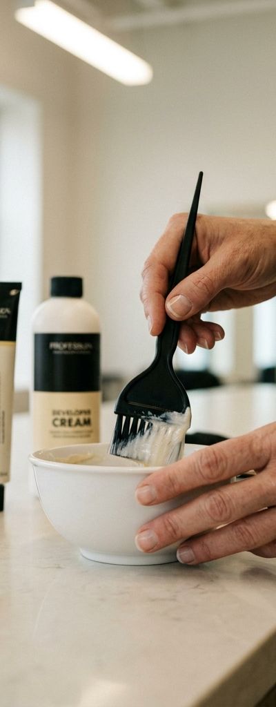 Professional hands mixing Igora Royal's 12- high-lift colour with developer in a white bowl, with a color chart and folded towel nearby on the salon counter