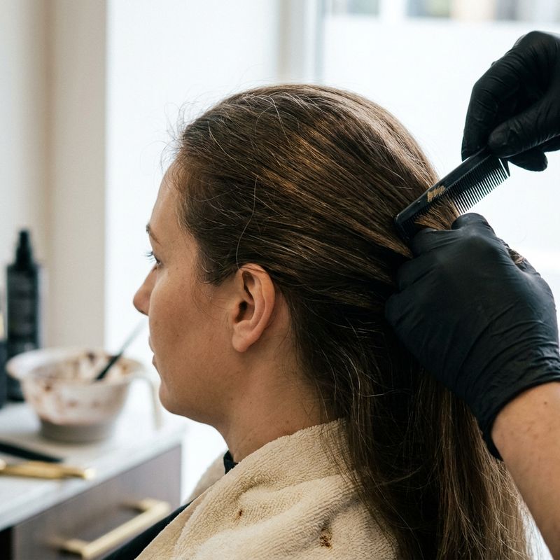 Perfil de una persona en el salón con el pelo teñido de castaño: una mano con guante negro separa un mechón con un peine de cola y se ven algunas canas en el largo