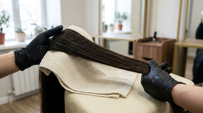Manos con guantes negros sostienen un mechón largo de pelo teñido oscuro sobre una toalla clara para revisar las canas de la raíz a la punta