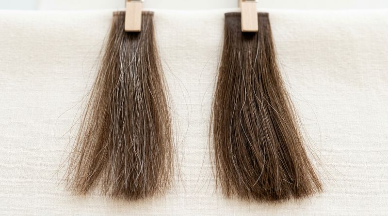 Dos muestras de pelo castaño teñido sobre lino crema: la de la izquierda deja ver muchas canas de arriba abajo; la de la derecha, más oscura, solo algunas canas sueltas a lo largo del mechón