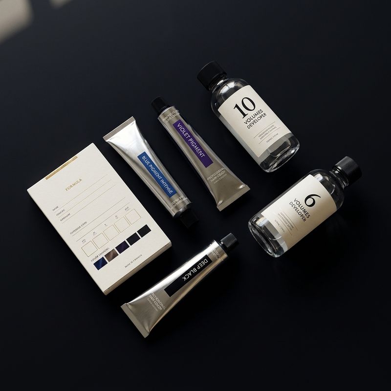 Paleta de coloração Liquid Noir com pigmentos azul-violeta intensos, oxidantes de 6 e 10 volumes e fichas de fórmula sobre fundo preto profundo com reflexos vinílicos