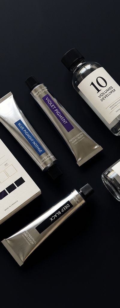 Paleta de coloración Liquid Noir con pigmentos azul-violeta intensos, oxidantes 6 y 10 volúmenes y fichas de fórmula sobre fondo negro profundo con reflejos vinílicos