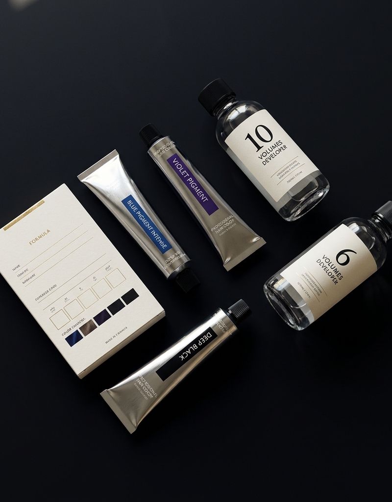 Paleta de coloración Liquid Noir con pigmentos azul-violeta intensos, oxidantes 6 y 10 volúmenes y fichas de fórmula sobre fondo negro profundo con reflejos vinílicos