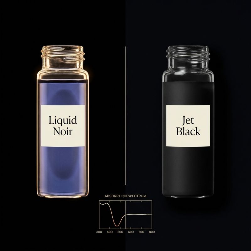 Comparativo de pigmentos Liquid Noir vs jet black: espectro de absorção azul-violeta frente a pigmento neutro, sobre fundo preto com reflexos vinílicos