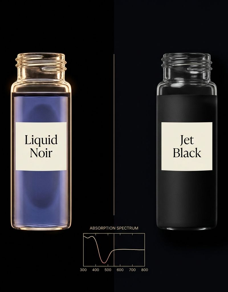 Comparativa pigmentos Liquid Noir vs jet black: espectro de absorción azul-violeta frente a pigmento neutro, sobre fondo negro con reflejos vinílicos