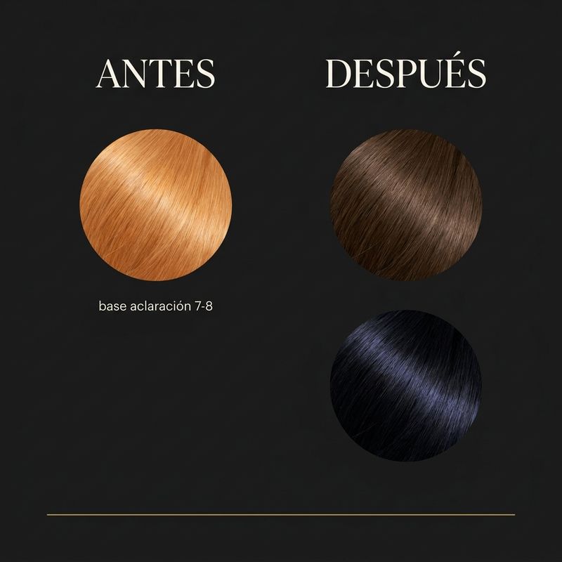 Esquema de pré-pigmentação Liquid Noir: fundo de clareamento altura 7-8 antes e depois da pré-pigmentação 4N, com comparativo de reflexo final em duas colunas