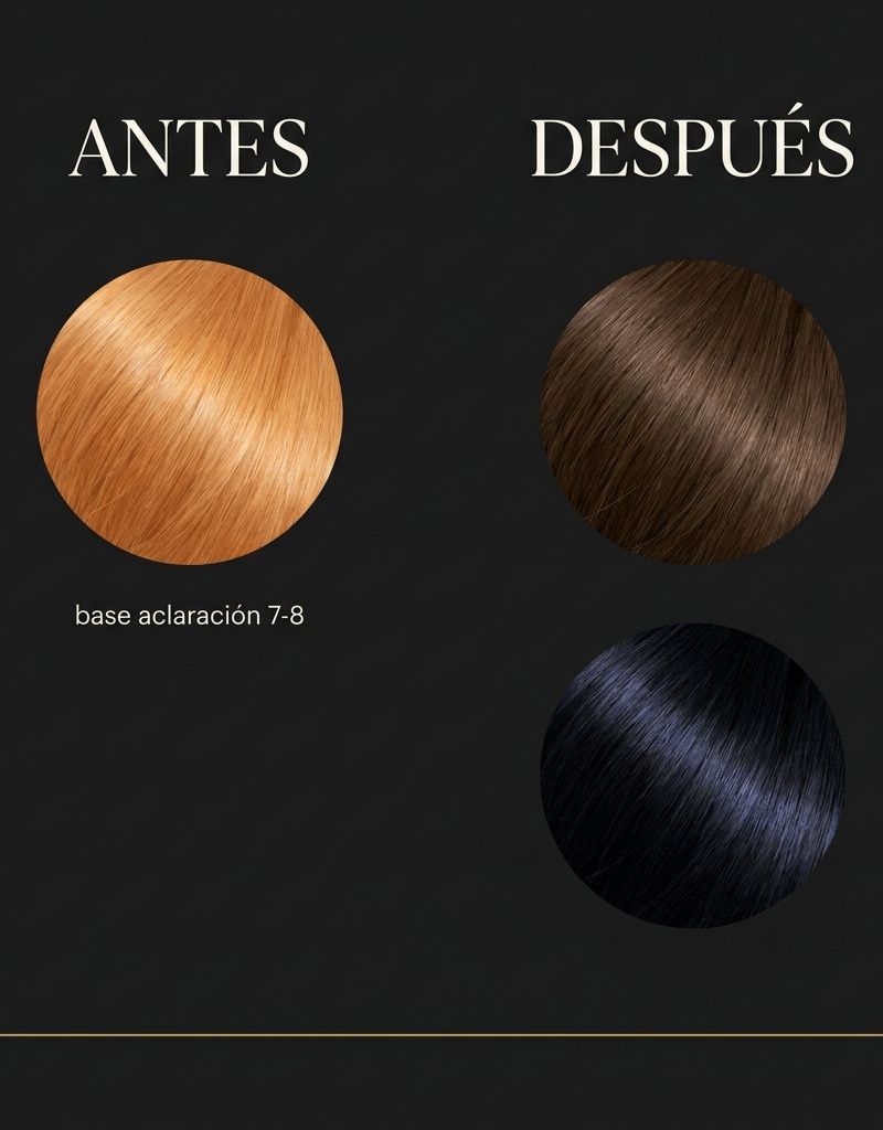 Esquema de pre-pigmentación Liquid Noir: fondo de aclaración nivel 7-8 antes y después de pre-pigmentación 4N, con comparativa de reflejo final en dos columnas