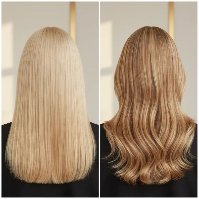 Before and after of blonde hair with lowlights added for dimension