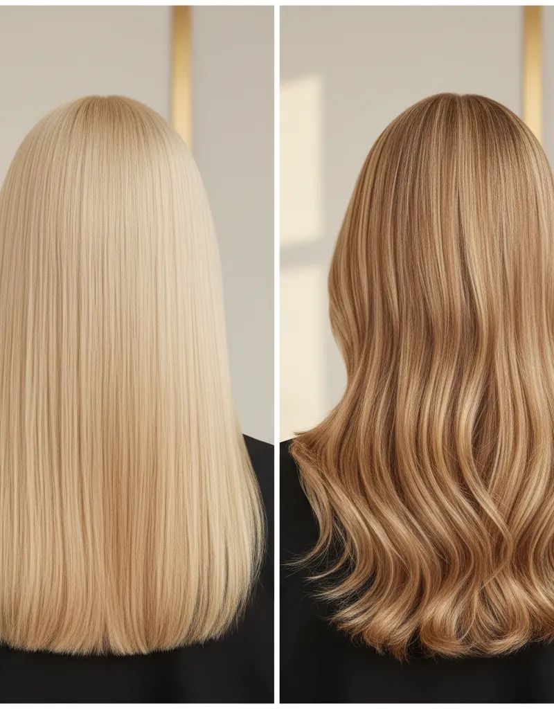 Before and after of blonde hair with lowlights added for dimension