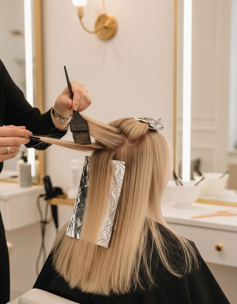 Colorista profesional aplicando lowlights con técnica de tejido para añadir profundidad