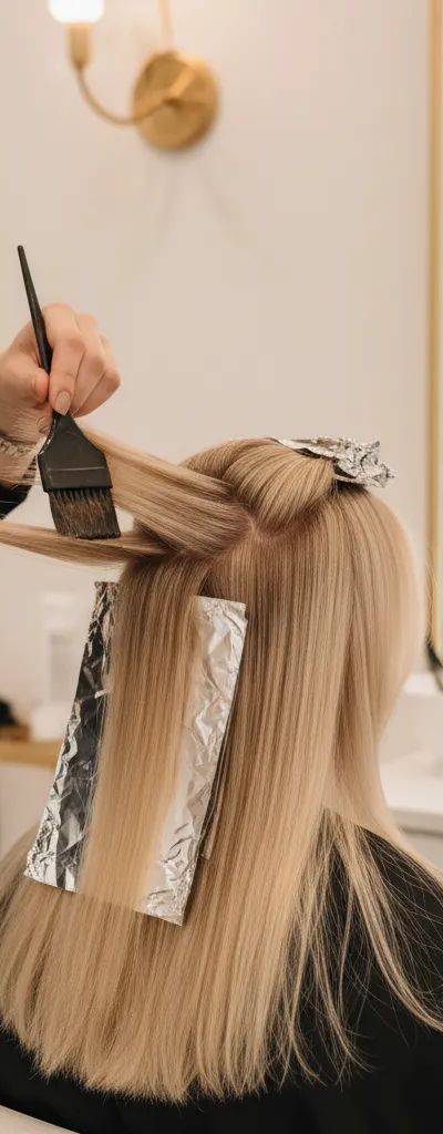 Colorista profesional aplicando lowlights con técnica de tejido para añadir profundidad